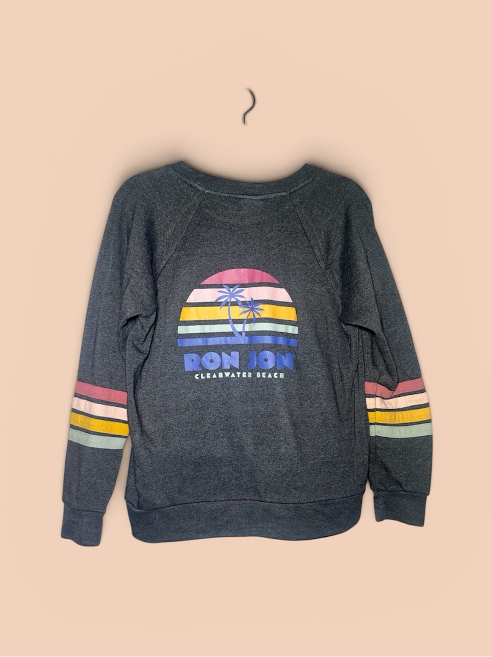 Ron Jon Charcoal Pullover with Pink, Yellow & Blue Stripe Accents - Picture 3 of 5